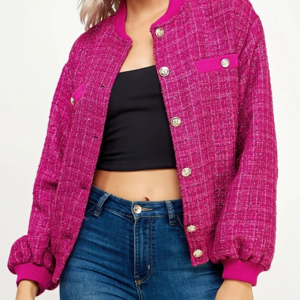 Tweed Bomber Jacket - Magenta Pink